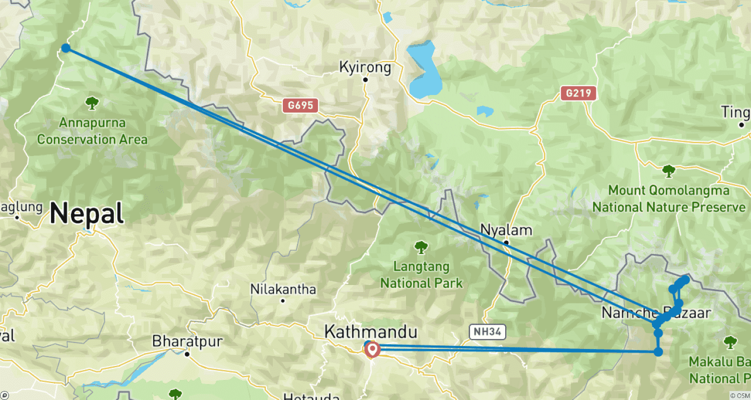 Mapa do percurso de Conquiste os Degraus do Poderoso Trekking ao Acampamento Base do Evereste em 14 Dias.