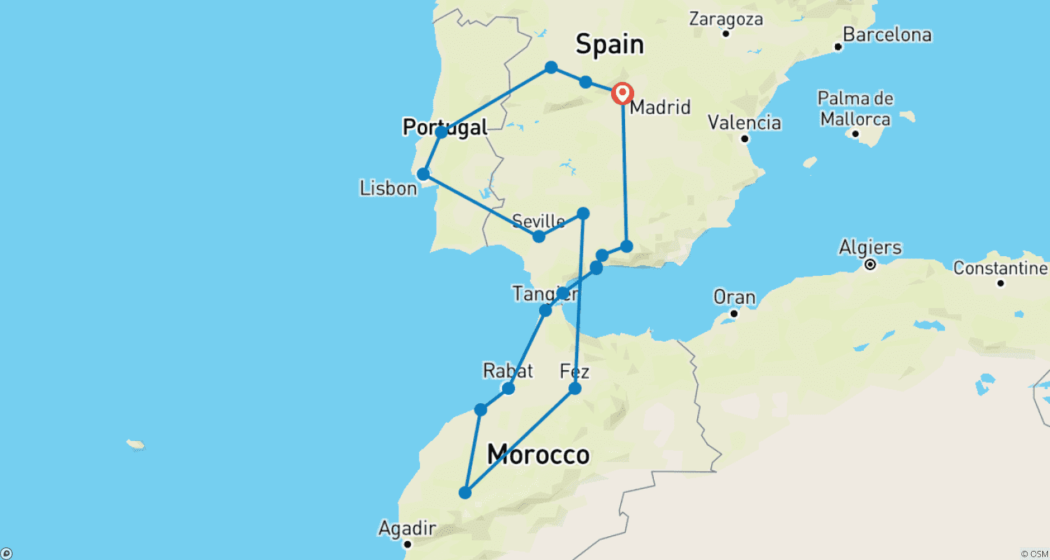 Mapa do percurso de Tesouros de Espanha, Portugal e Marrocos (Pequenos Grupos, 17 Dias)