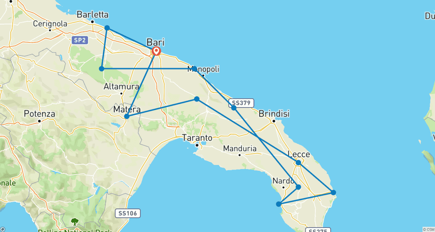 Mapa do percurso de Tour pela Apúlia