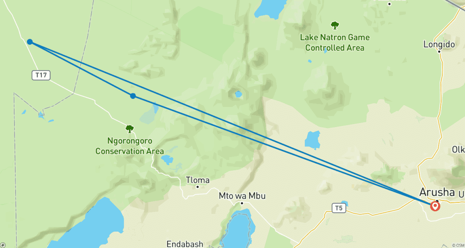Mapa trasy: 4 dni 3 noce Tarangire, Serengeti i Ngorongoro Lodge Safari