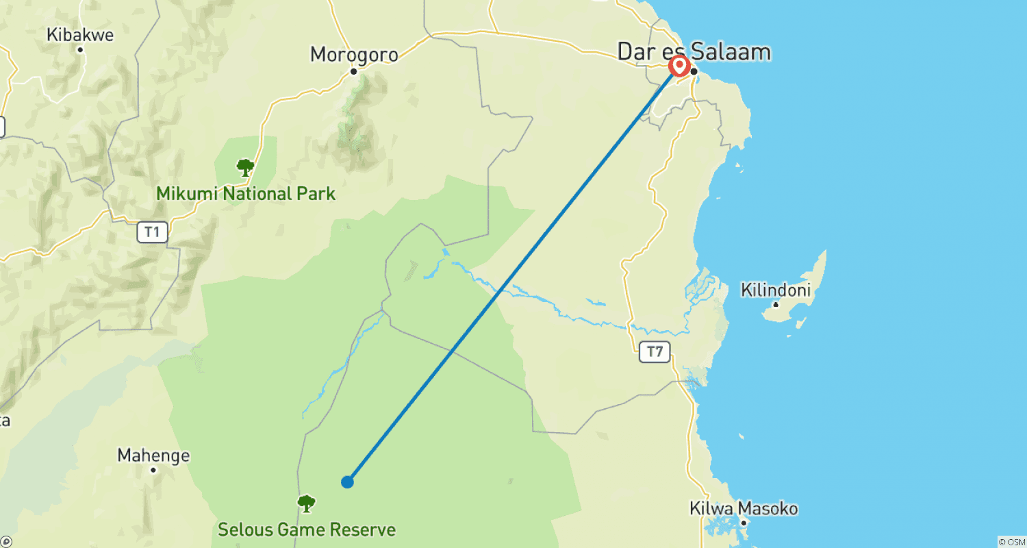 Mapa do percurso de Safari de 3 Dias e 2 Noites no Nyerere National Park com Alojamento em Lodge