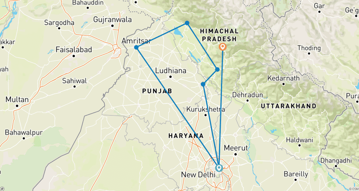 Mapa do percurso de 12 Dias - Incrível Seraj com Amritsar, Dharmasala e Shimla