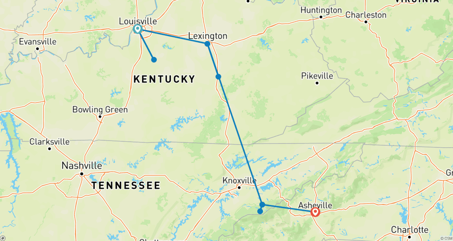 Mapa do percurso de Região de Bluegrass e as Montanhas Great Smoky, apresentando Louisville, Lexington, Gatlinburg e Asheville (De Louisville, KY a Asheville, NC) (2026)