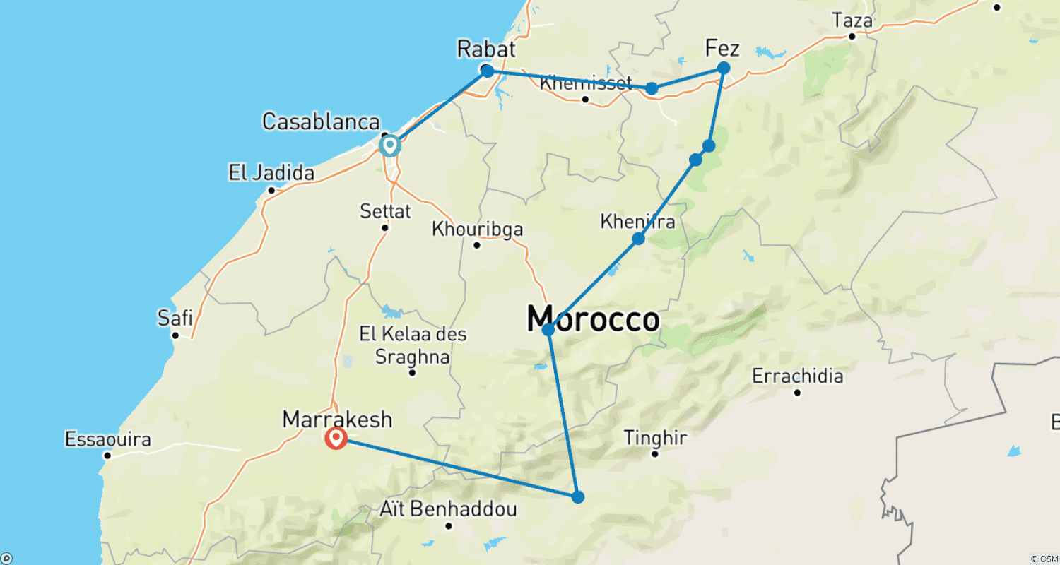 Mapa trasy: Wycieczka po Cesarskich Miastach Maroka: Hotele 5* z wyżywieniem HB