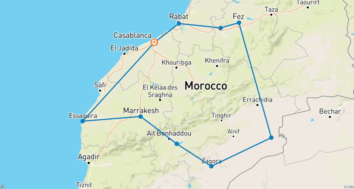 Mapa trasy: 12-dniowa Najlepsza Wycieczka po Maroku Hotele 5*