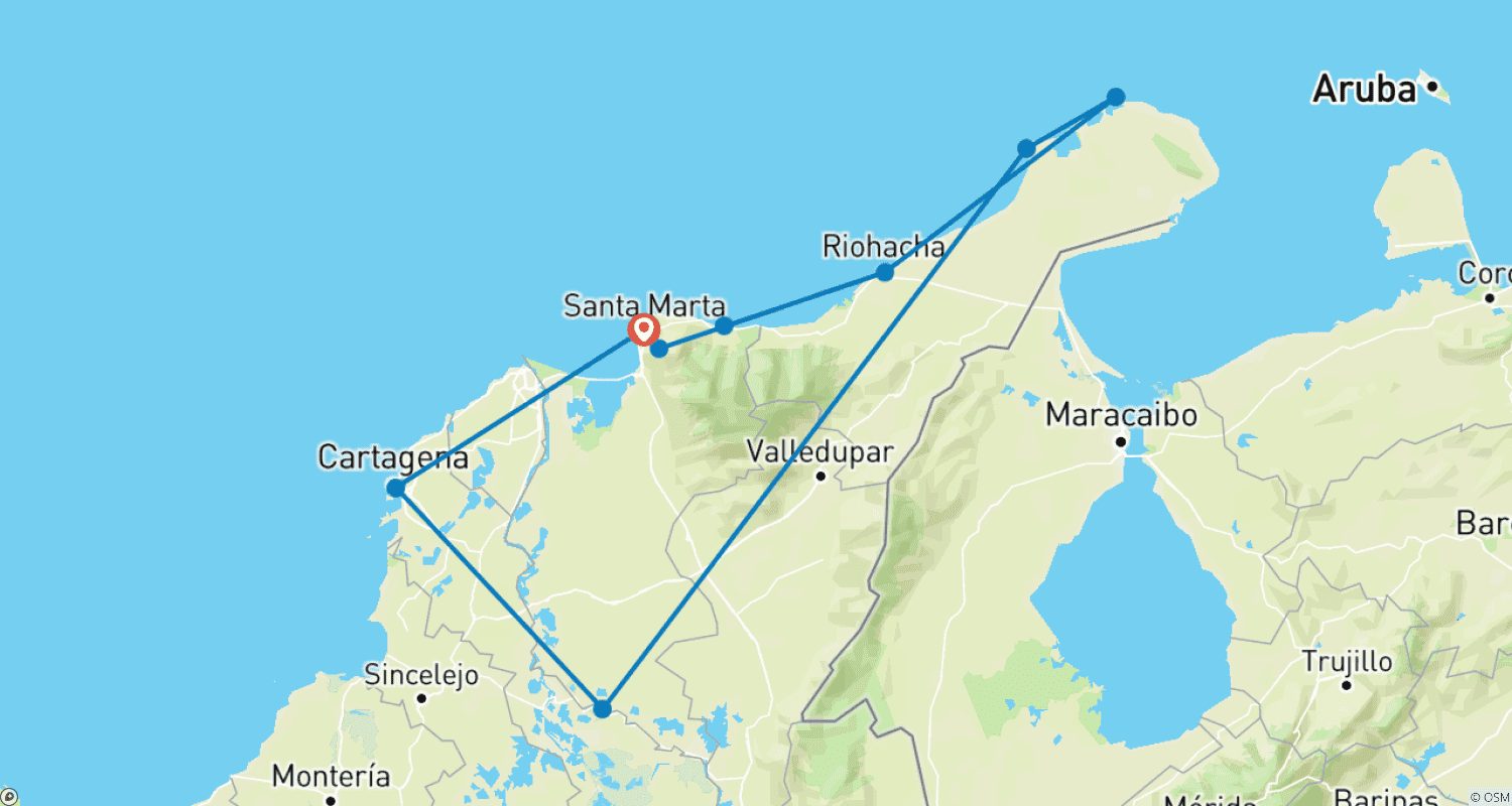 Mapa do percurso de 14 Dias Épicos na Colômbia