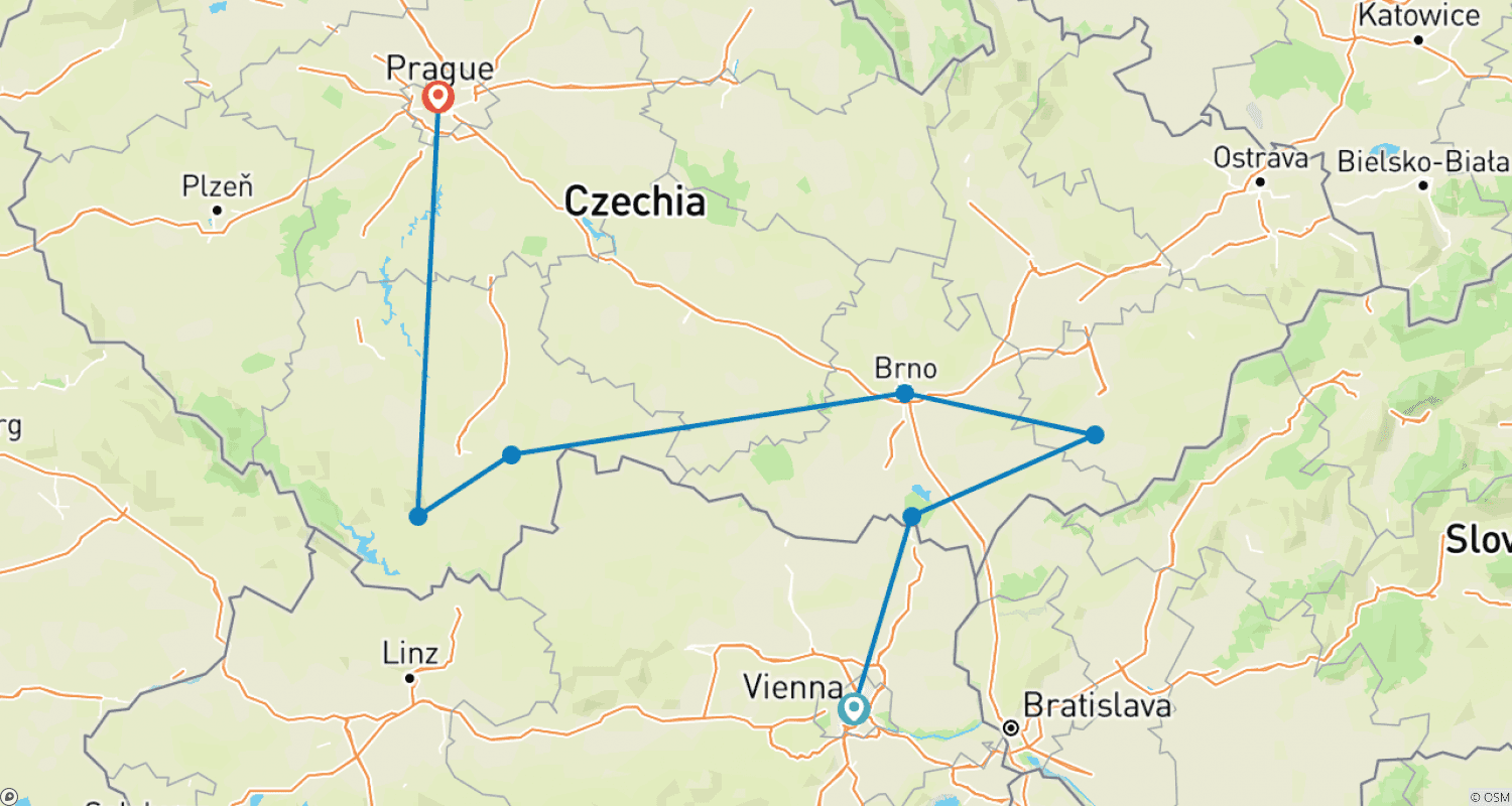 Mapa trasy: Wiedeń do Pragi