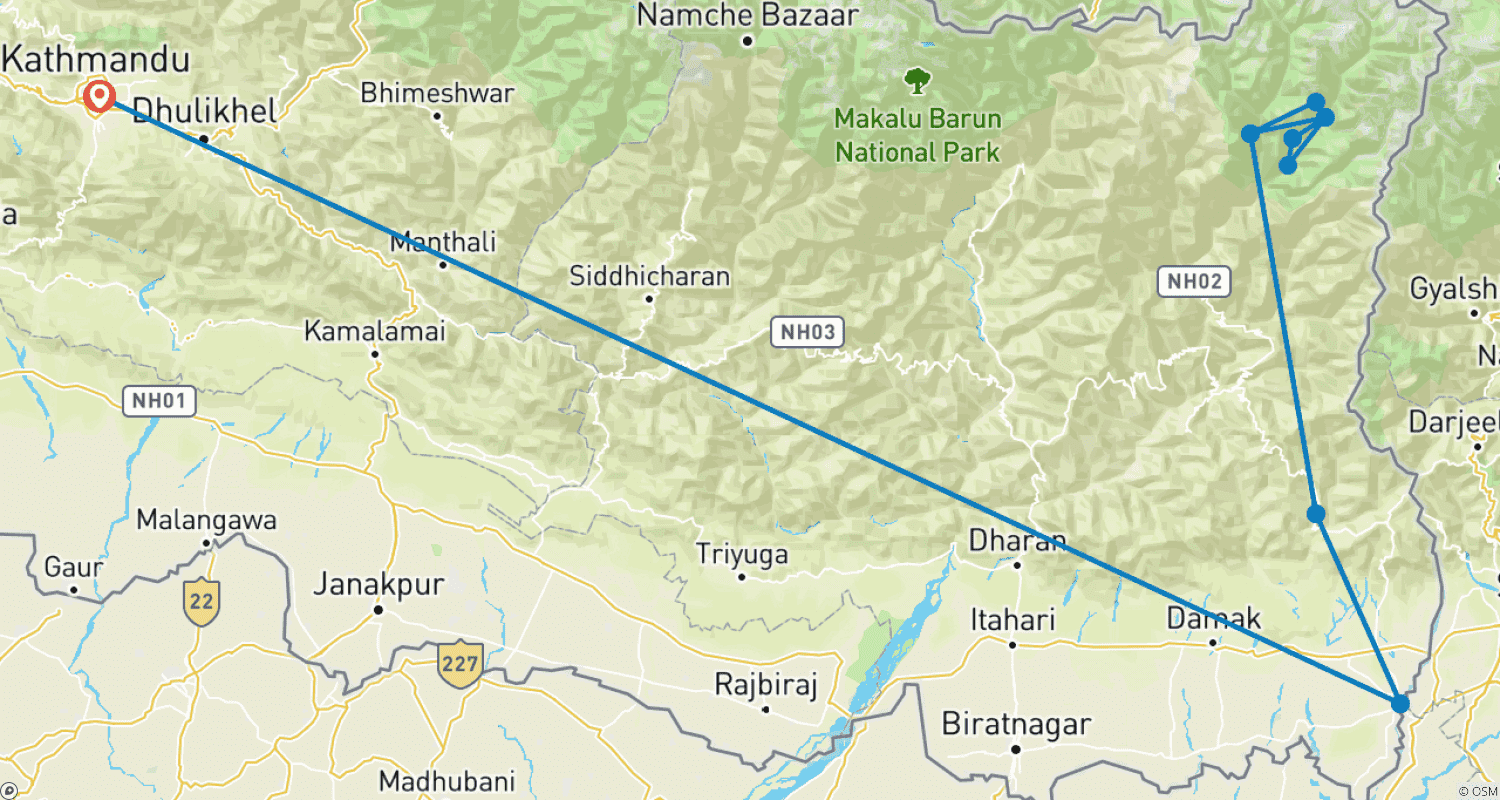 Mapa do percurso de Kanchenjunga Trek