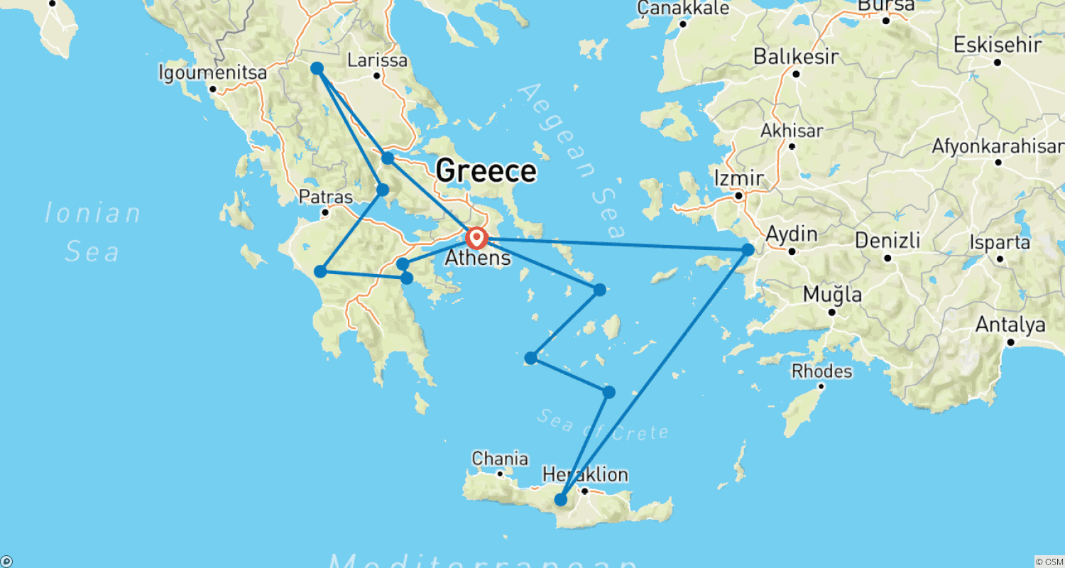 Mapa do percurso de Grecian Fables (75 destinos)