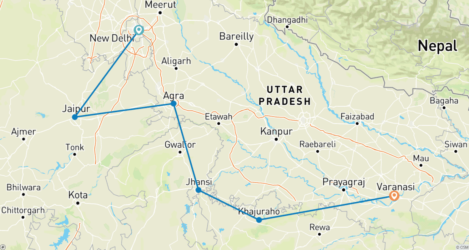 خريطة مسار جولة المثلث الذهبي مع Varanasi وKhajuraho