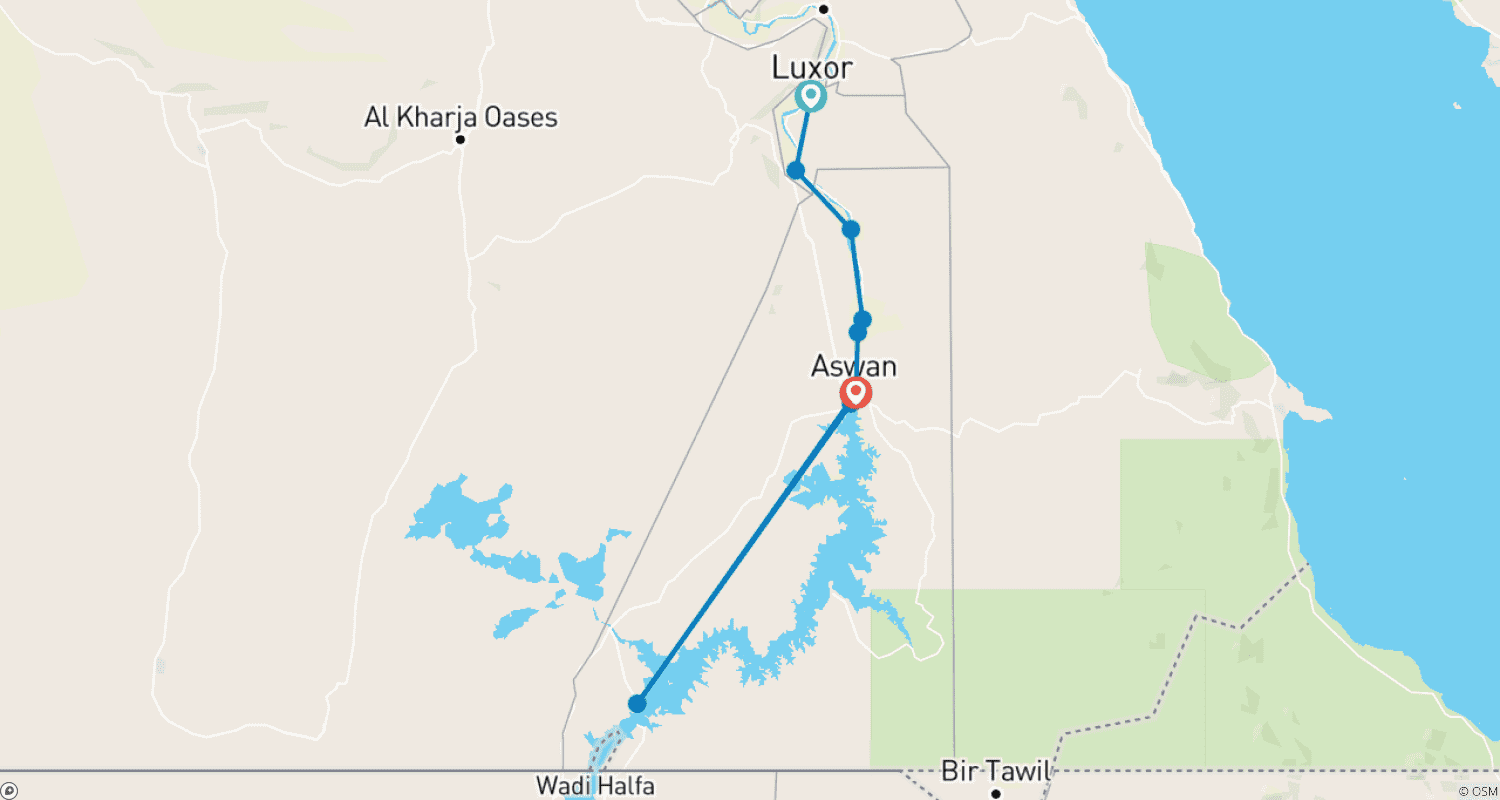 Mapa do percurso de Passeio de 7 dias de barco Dahabiya no Nilo e Abu Simbel no Egito