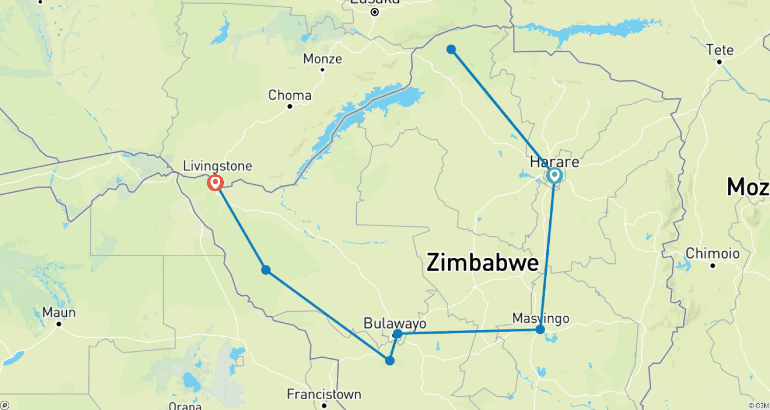 Mapa do percurso de 14 Dias Redescobrindo o Zimbábue