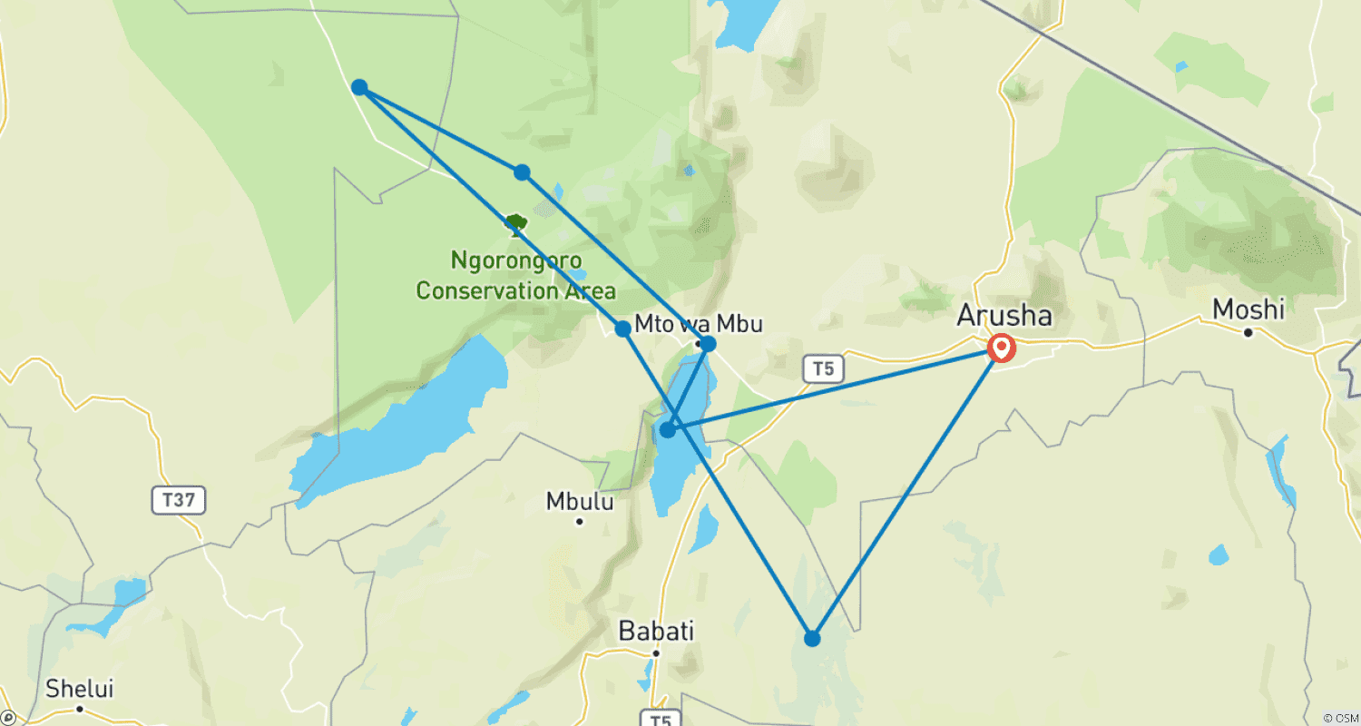 Mapa trasy: Najważniejsze atrakcje safari w Tanzanii