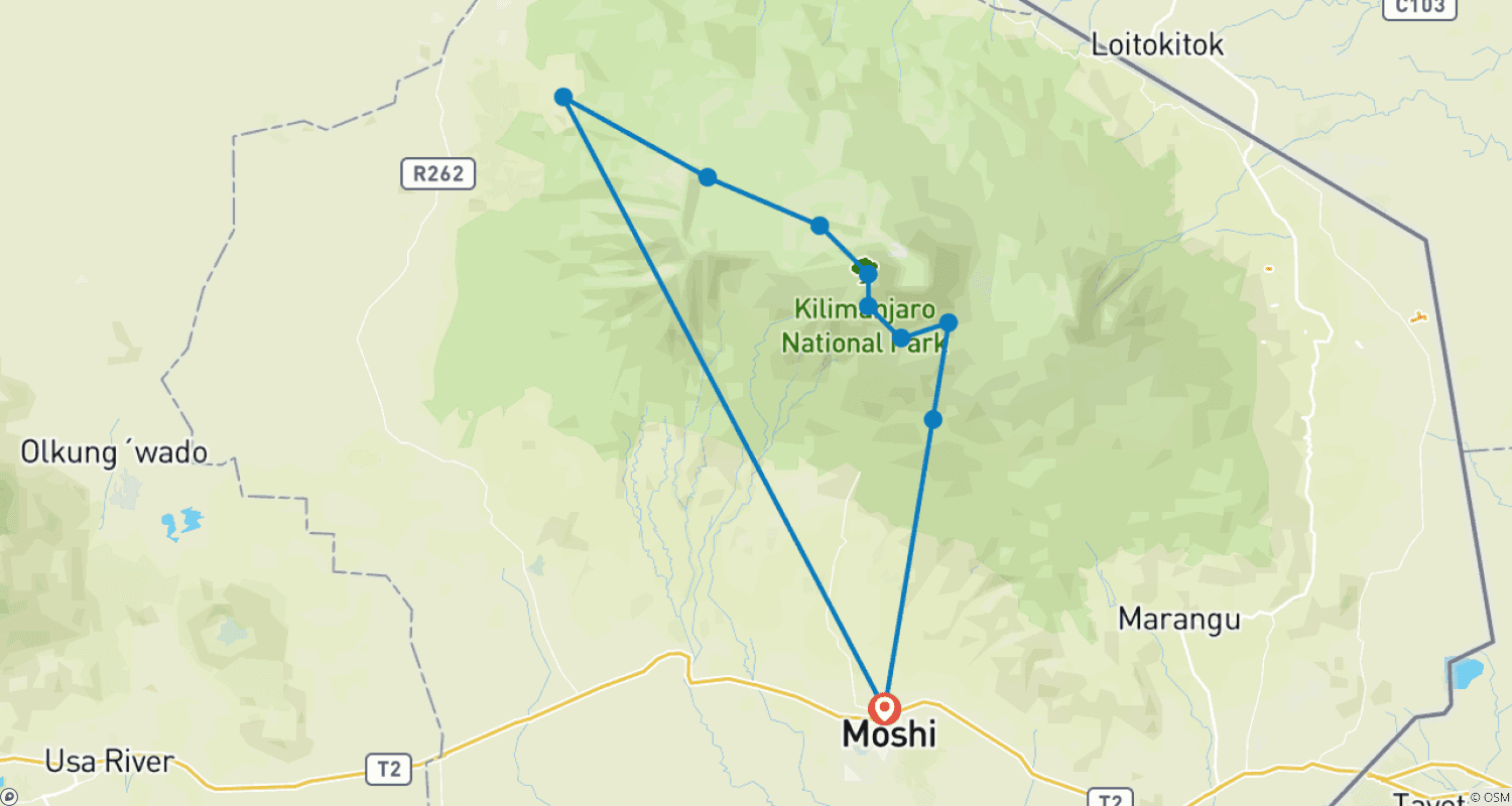Mapa do percurso de Subida ao Kilimanjaro 8 Dias / 7 Noites - Rota Lemosho