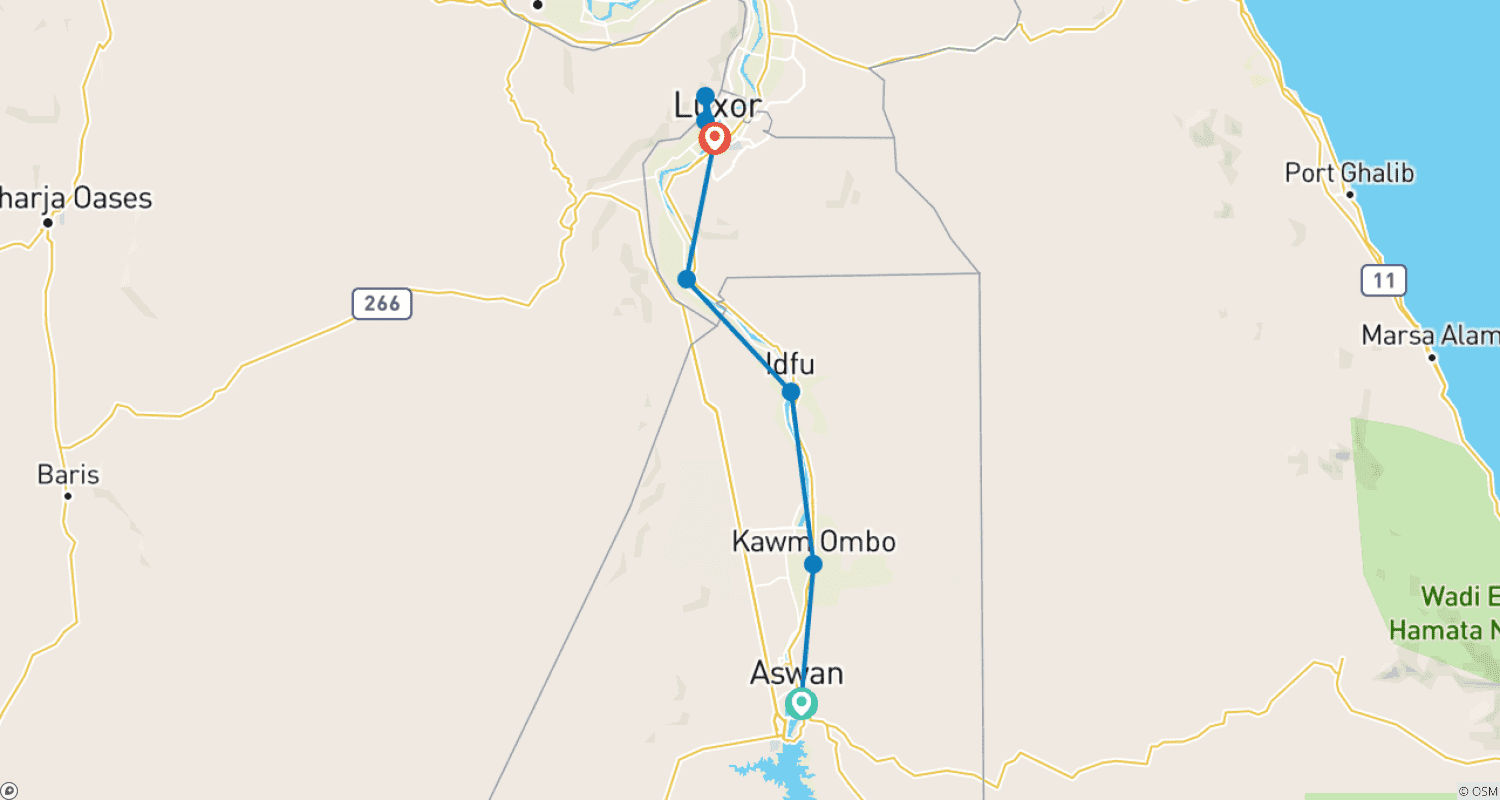 Mapa do percurso de Cruzeiro de 04 Dias e 03 Noites no Nilo de Assuã a Luxor