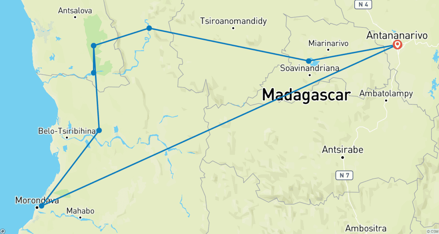Mapa do percurso de Descida do Manambolo, Madagascar, em 11 dias