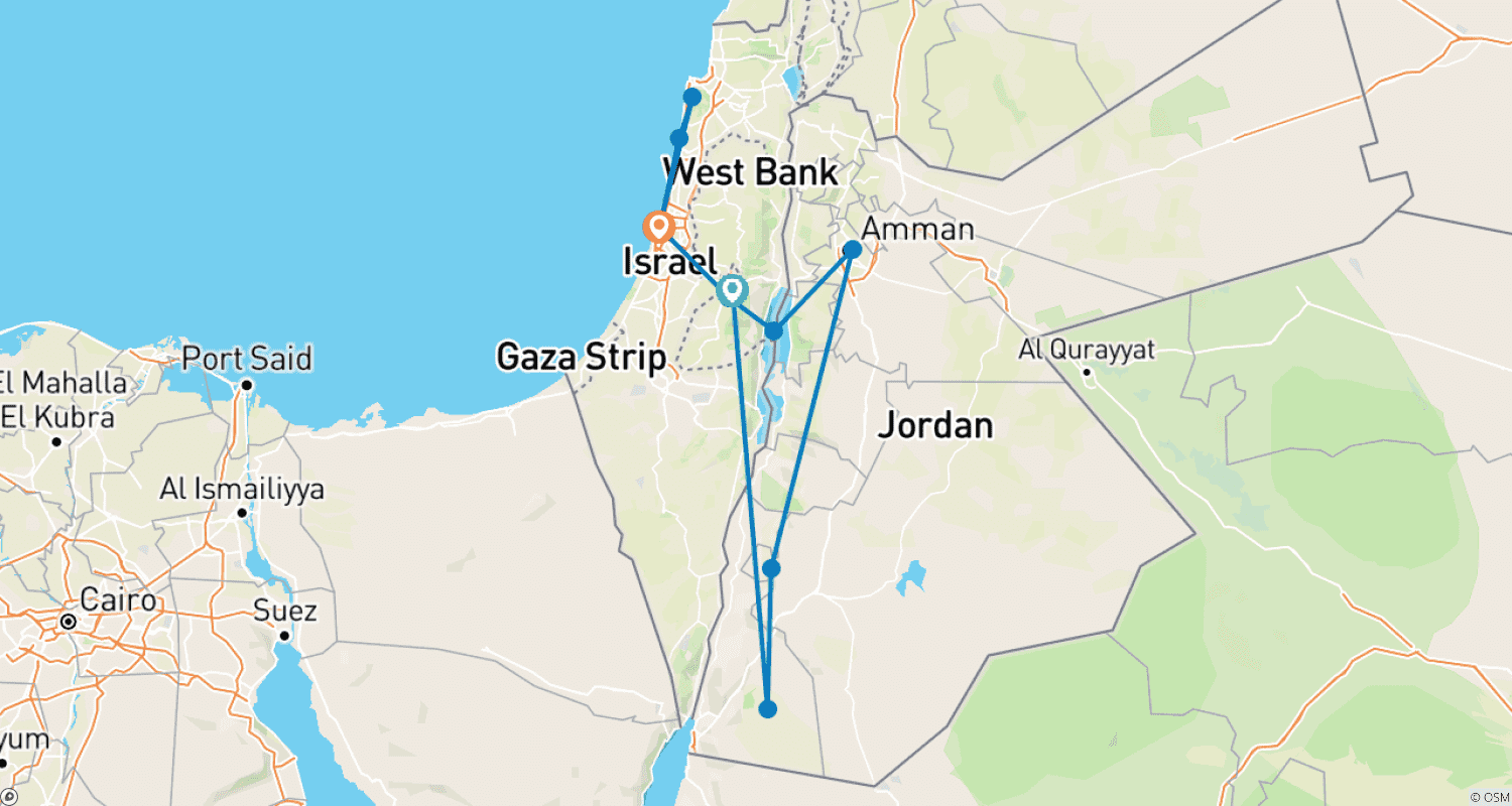 Mapa do percurso de Israel e Jordânia: Locais Antigos e Noites Épicas