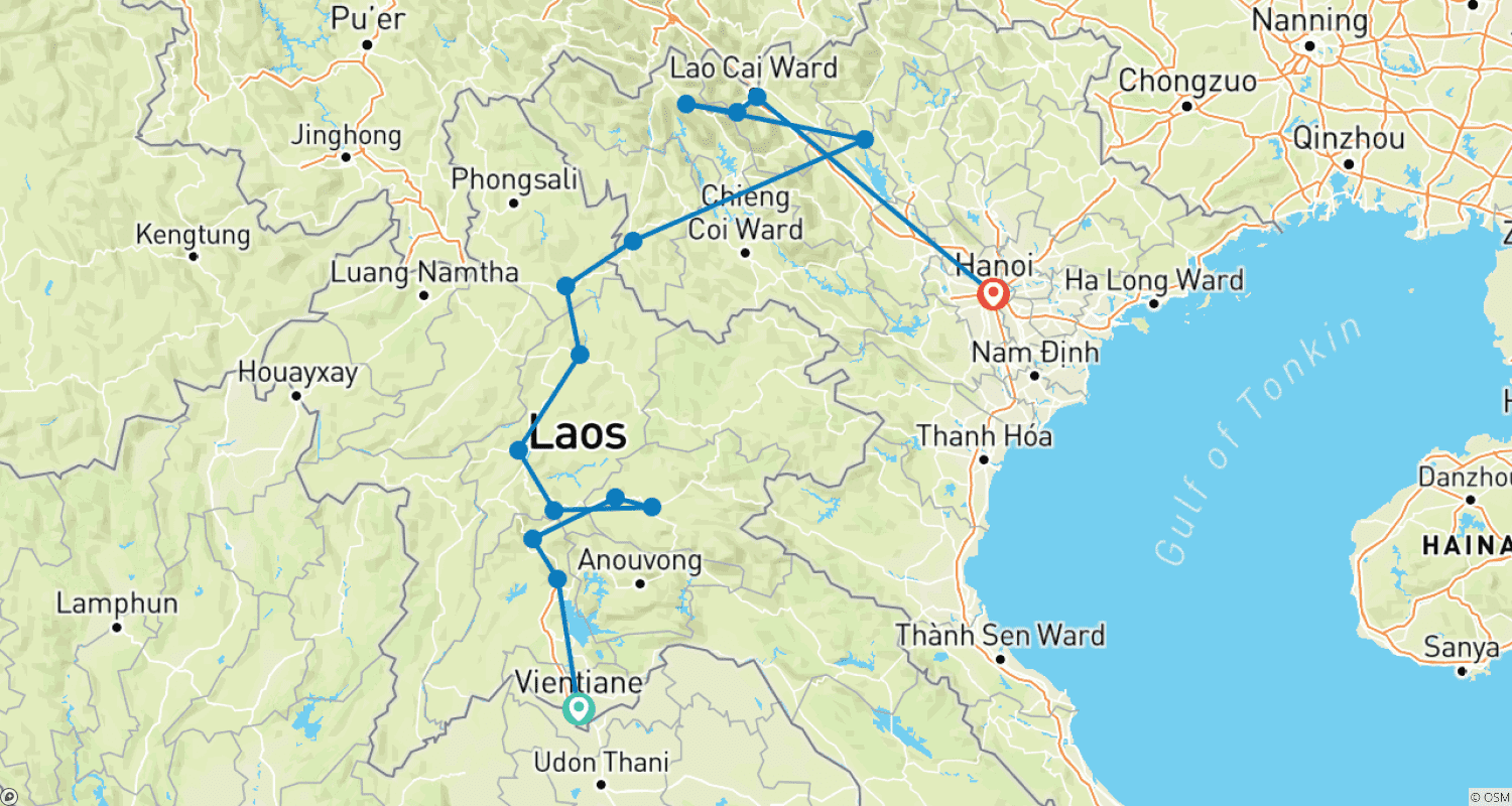Mapa do percurso de Pedale do Vietnã ao Laos - 20 Dias