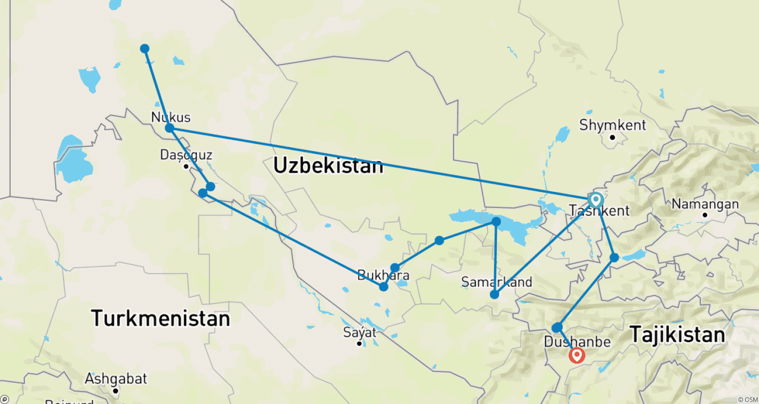 Mapa trasy: Perły Uzbekistanu, Karakalpakstanu i Tadżykistanu
