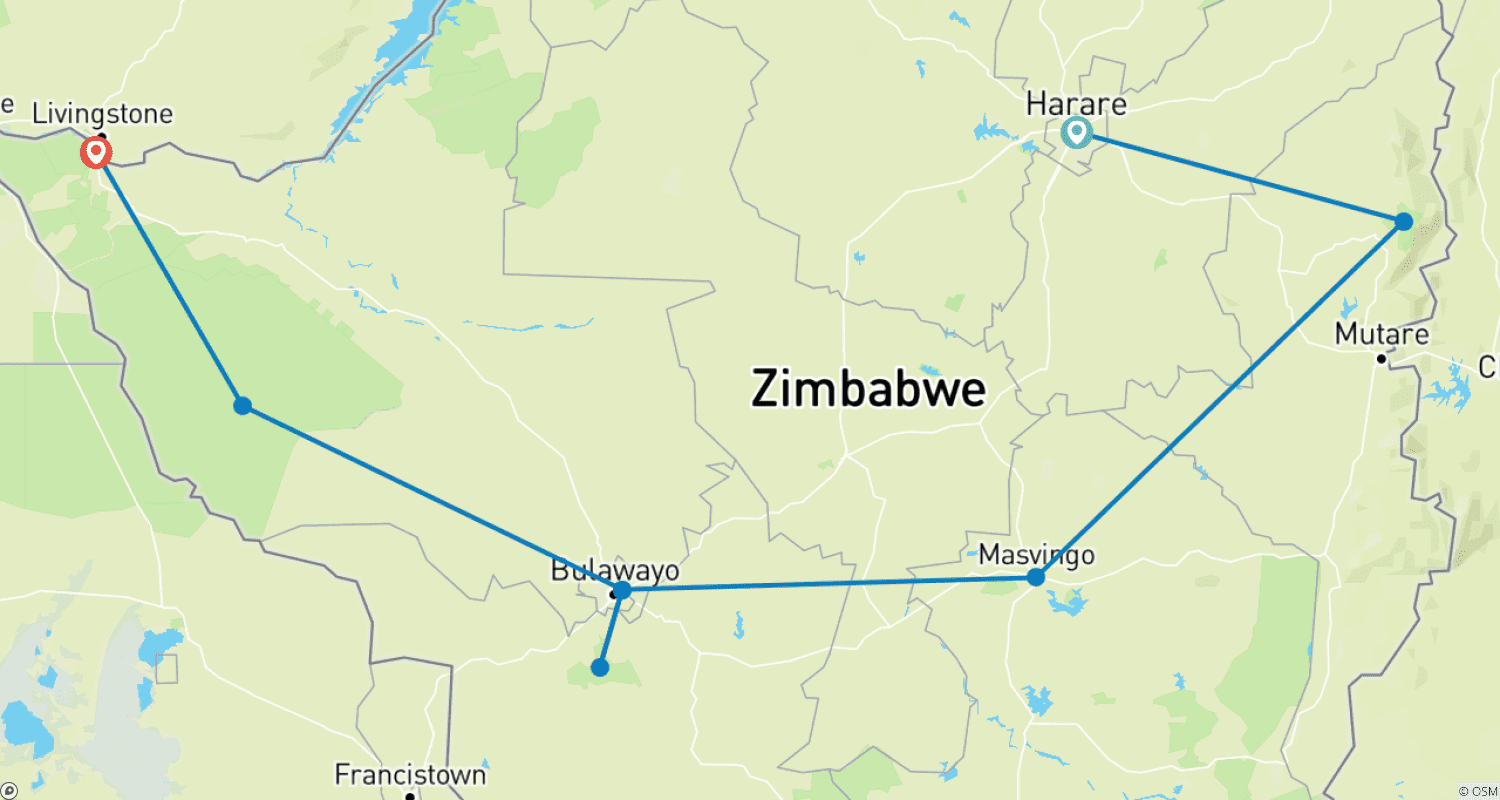 Mapa do percurso de Viagem Panorâmica ao Zimbábue