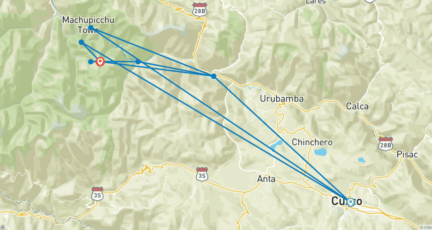 Mapa trasy: Klasyczny Szlak Inków do Machu Picchu 4 dni z pociągiem Vistadome