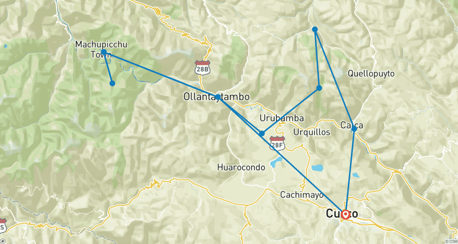 Mapa do percurso de Trilha Lares para Machu Picchu 4 Dias 3 Noites