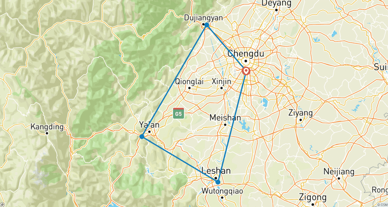 Mapa do percurso de Viagem de Bicicleta de 9 Dias pelo Reino dos Pandas, Província de Sichuan, China