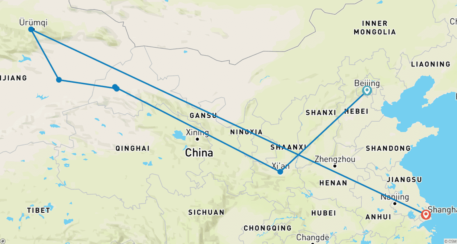 Mapa do percurso de Private 13-Days China Silk Road Tour, Daily Depart & Exclusive Guide and Driver
