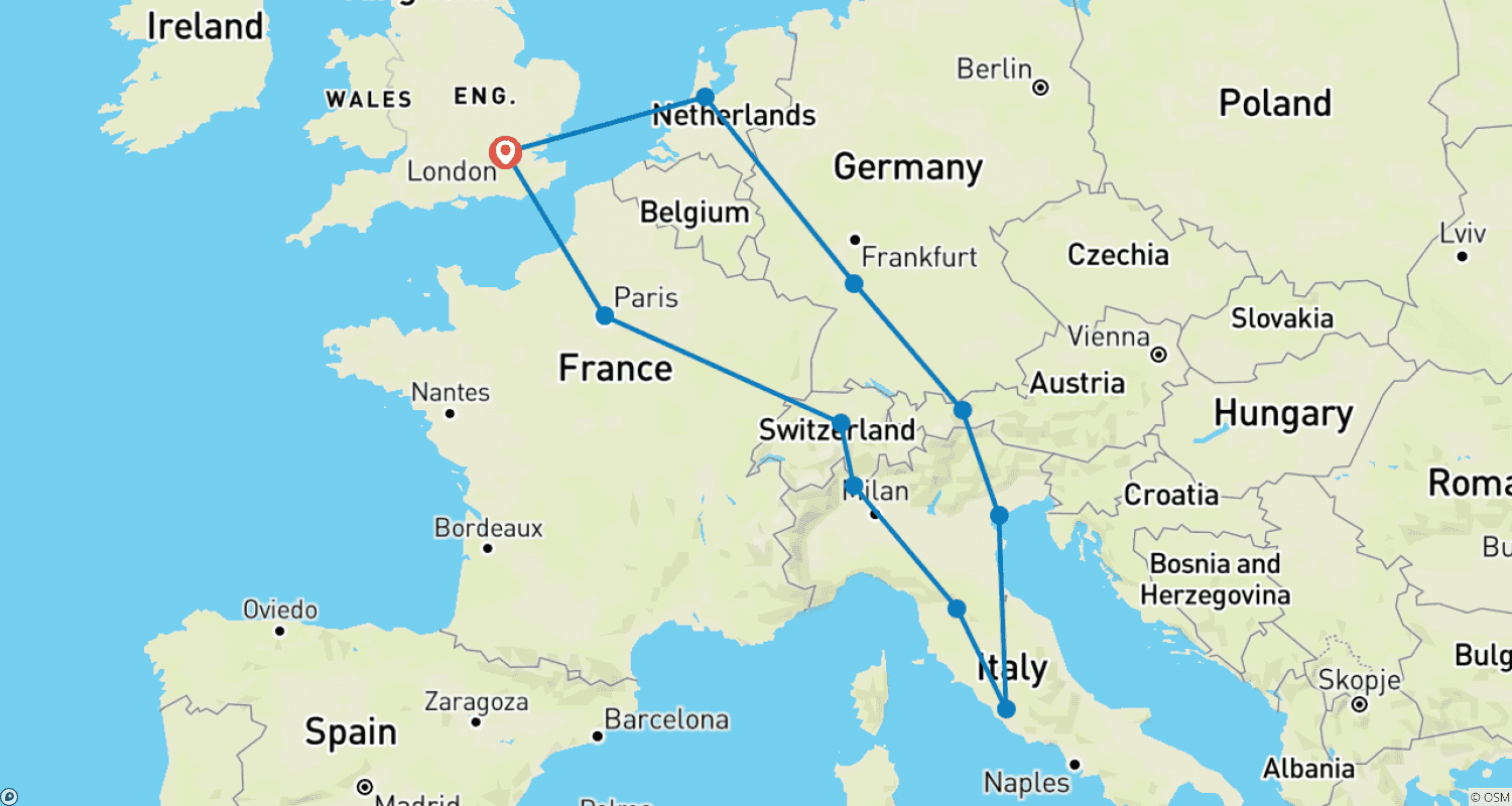 Mapa do percurso de Destaques da Europa (Clássico, Início em Londres, Fim em Londres, 15 Dias)