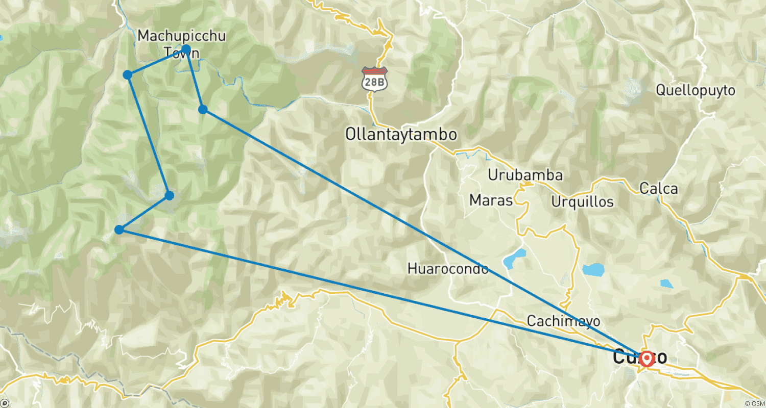 Mapa do percurso de Trilha Salkantay de Luxo para Machu Picchu – 5 Dias / 4 Noites
