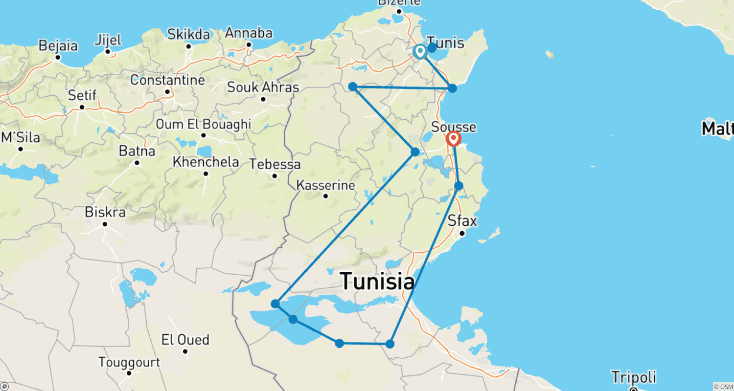 Mapa do percurso de Tunísia Tour, Excursão em Grupo Pequeno