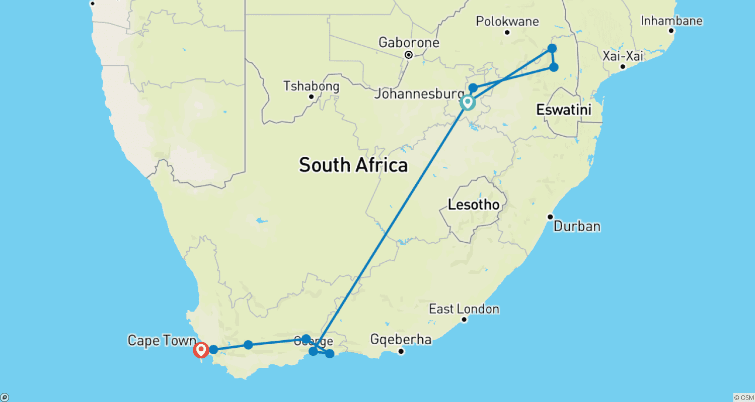 Mapa do percurso de Cidade do Cabo, Kruger e Rota Jardim, Viagem de Carro