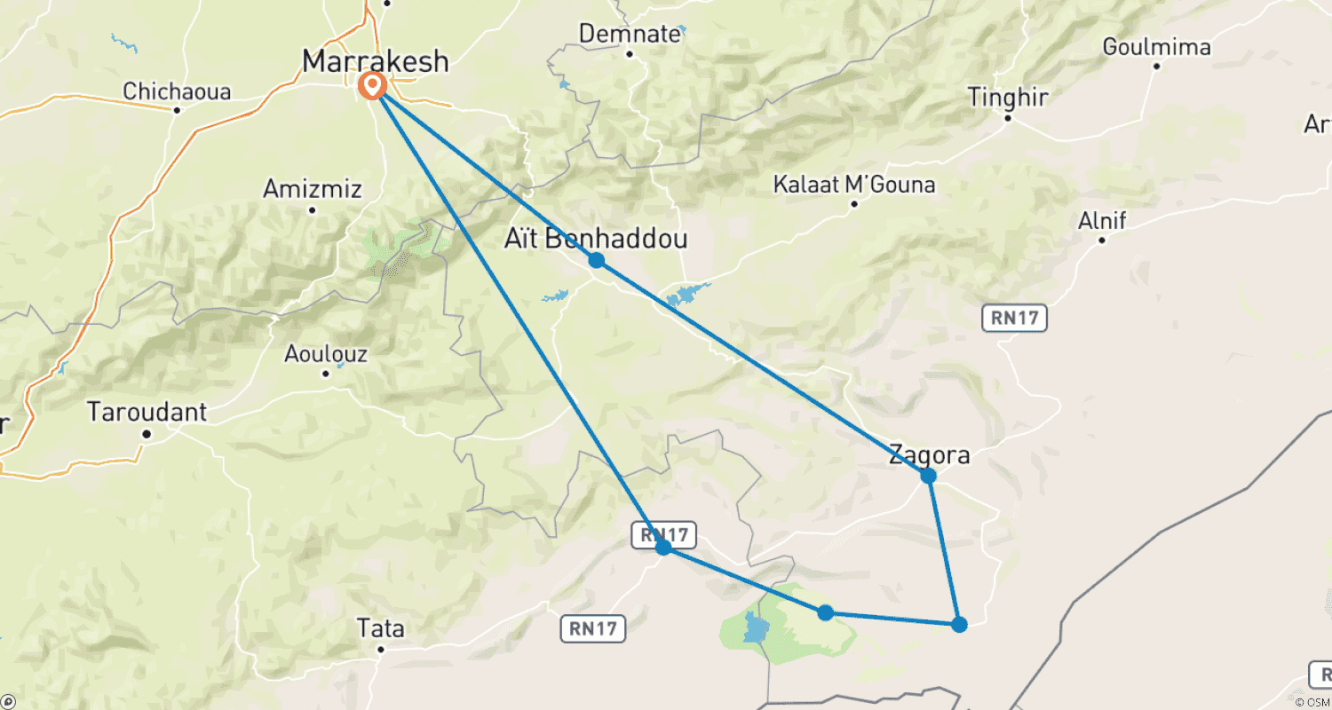 Mapa trasy: 3-Day Marrakech to Erg Chigaga Desert Tour with Kasbahs