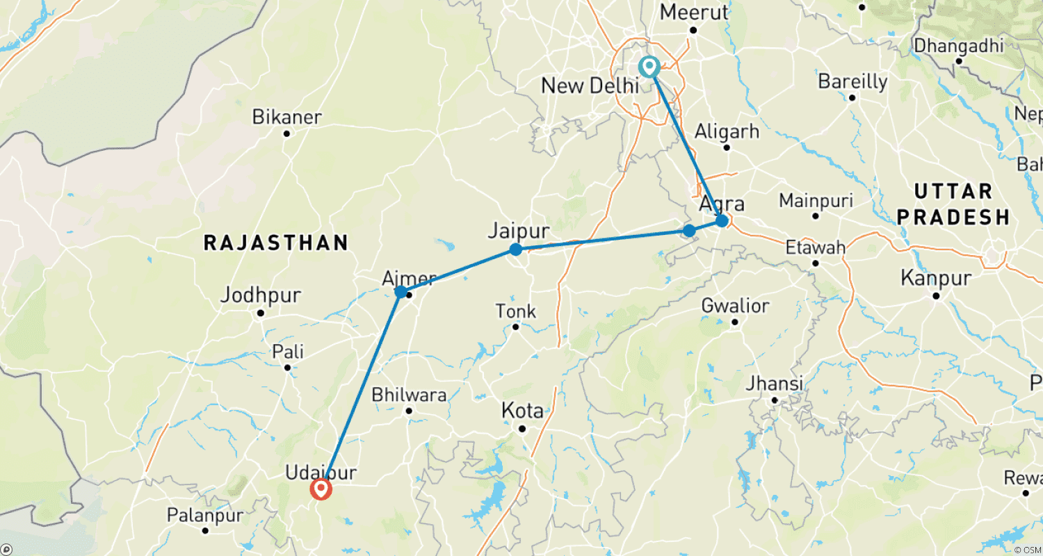 Mapa do percurso de Triângulo Dourado com a cidade dos lagos Udaipur