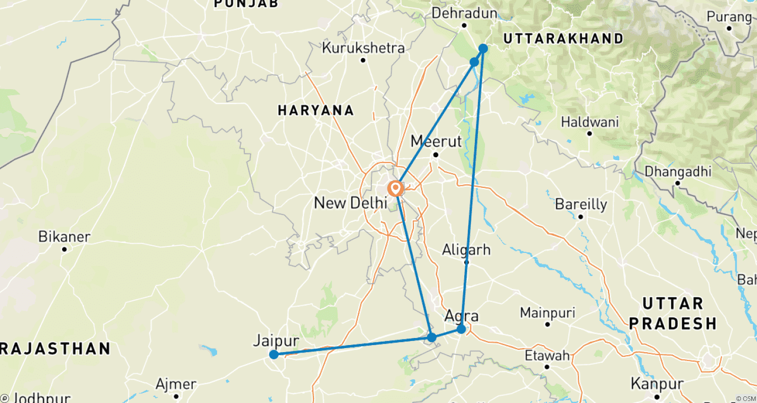 Mapa do percurso de Triângulo Dourado com yoga em Rishikesh