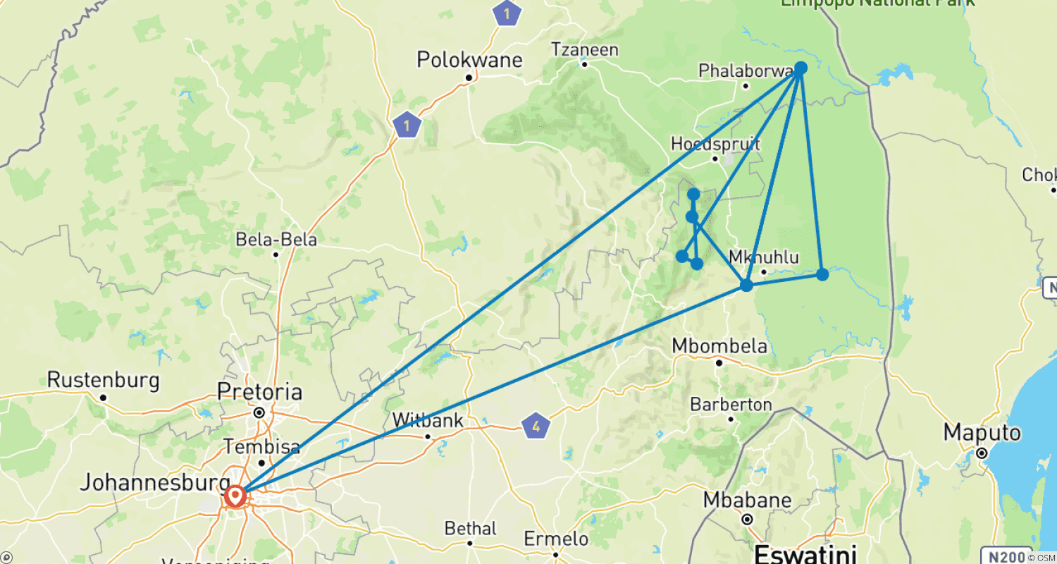 Mapa trasy: 4-dniowe safari Big 5 w Parku Narodowym Krugera i trasa Panorama Route