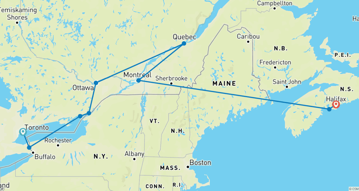 Mapa do percurso de Ontário e Canadá Francês com Trem Oceano para Halifax, 12 Dias