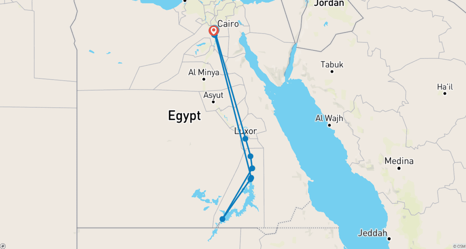 خريطة مسار مملكة مصر - 8 أيام (القاهرة، أسوان - رحلة نيلية - الأقصر) وقطار ليلي ذهابًا وإيابًا
