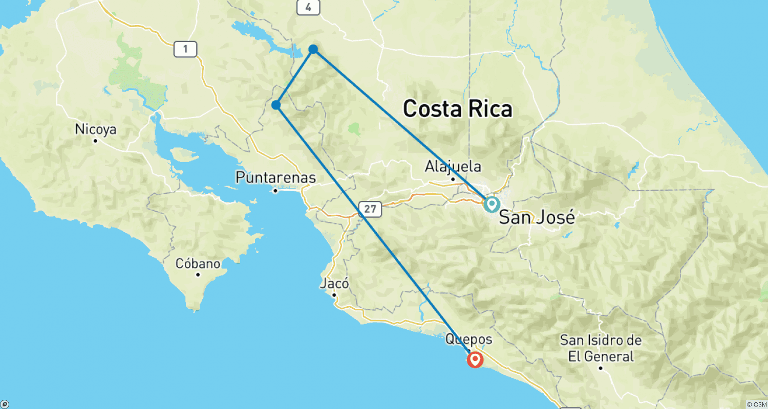Mapa do percurso de Paisagens Exóticas da Costa Rica
