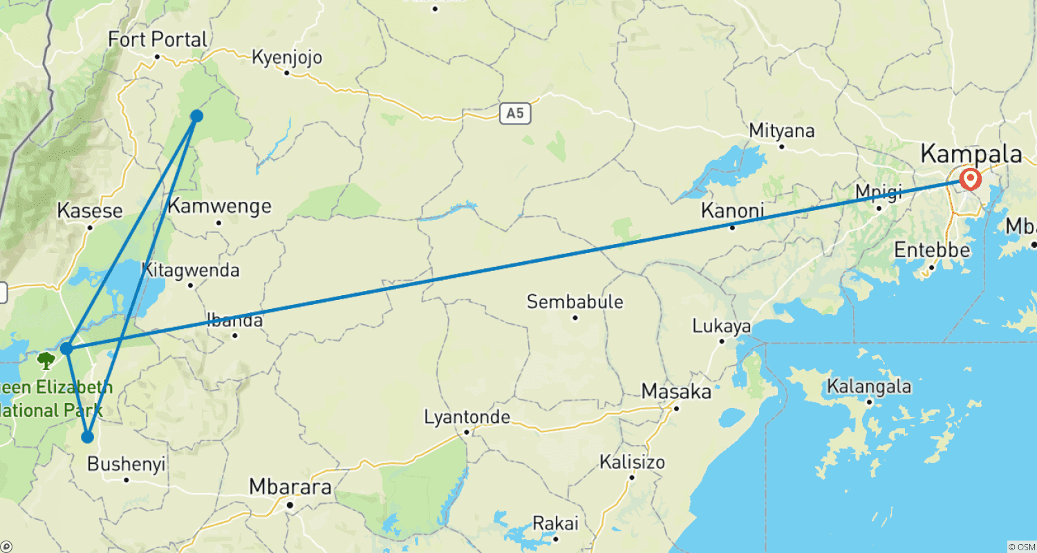 Mapa do percurso de Safari de 4 Dias no Parque Nacional Queen Elizabeth