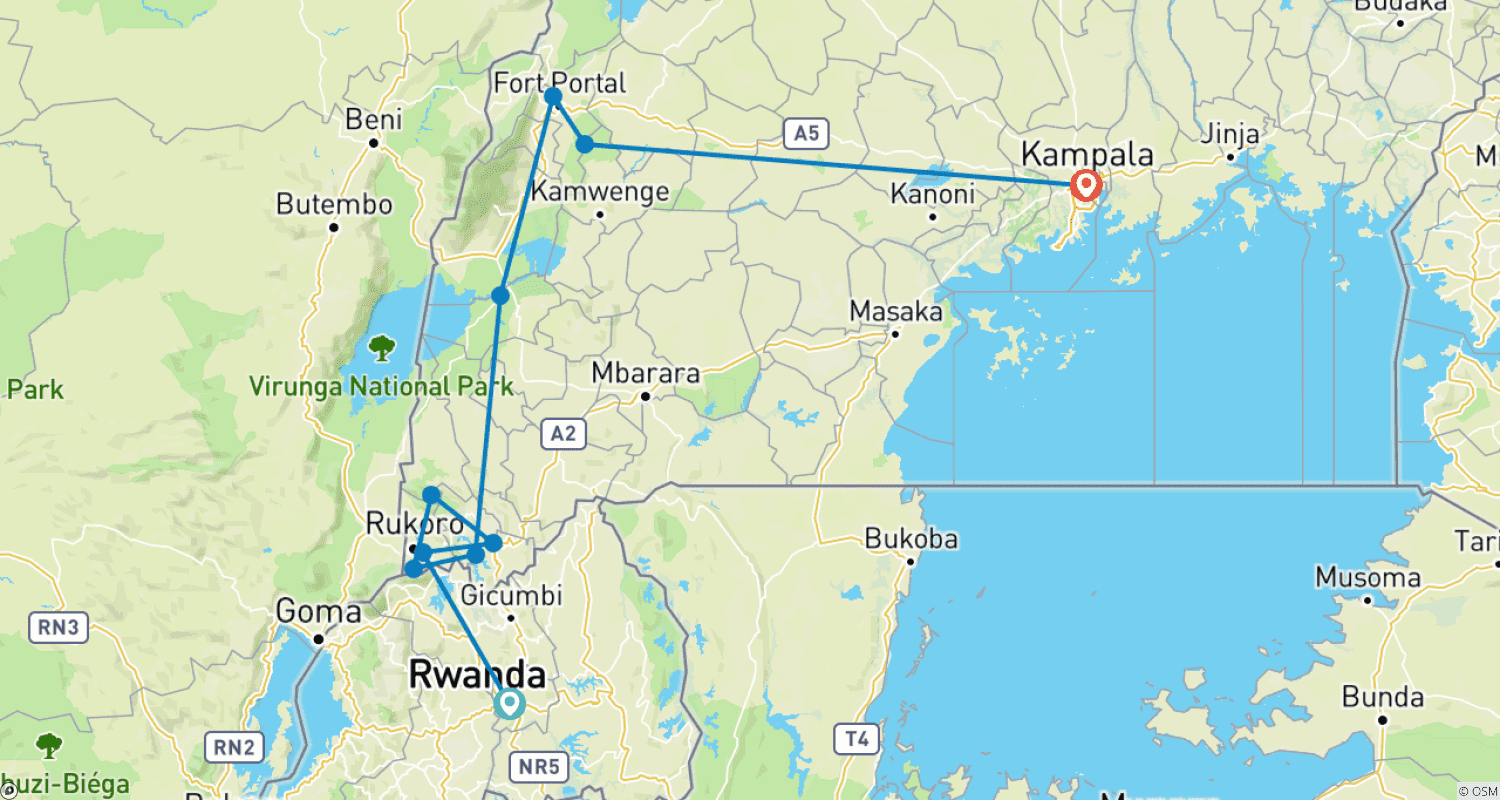 Mapa do percurso de Safari de Gorilas de 8 Dias e Experiência de Habituação de Chimpanzés em Kibale