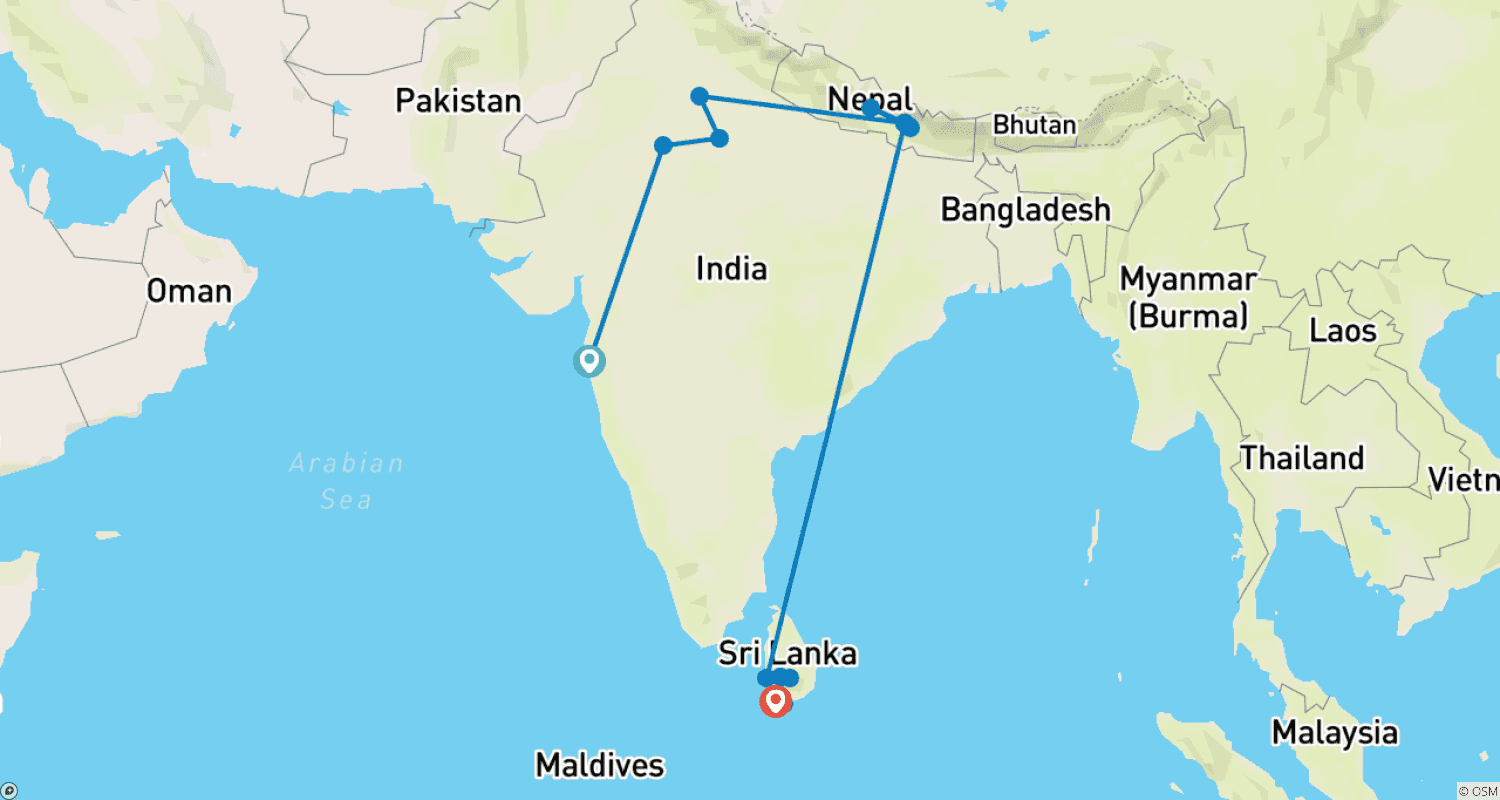 インド、ネパール、スリランカを巡る追跡の旅のルートマップ