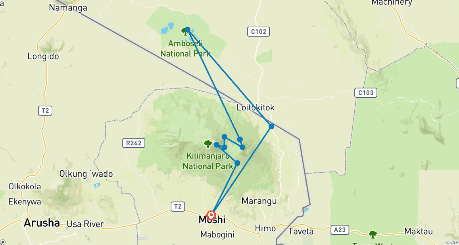 Mapa trasy: Wspinaczka na Kilimandżaro Szlakiem Rongai: 6-dniowy trekking, 8-dniowa wycieczka