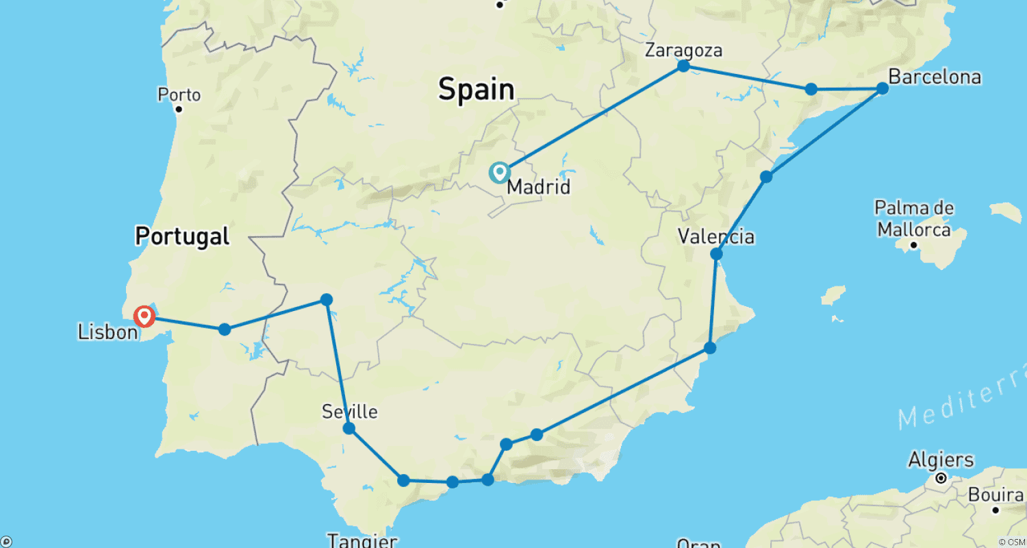Mapa trasy: Hiszpański pierścień z Lizboną (bez Alhambry)
