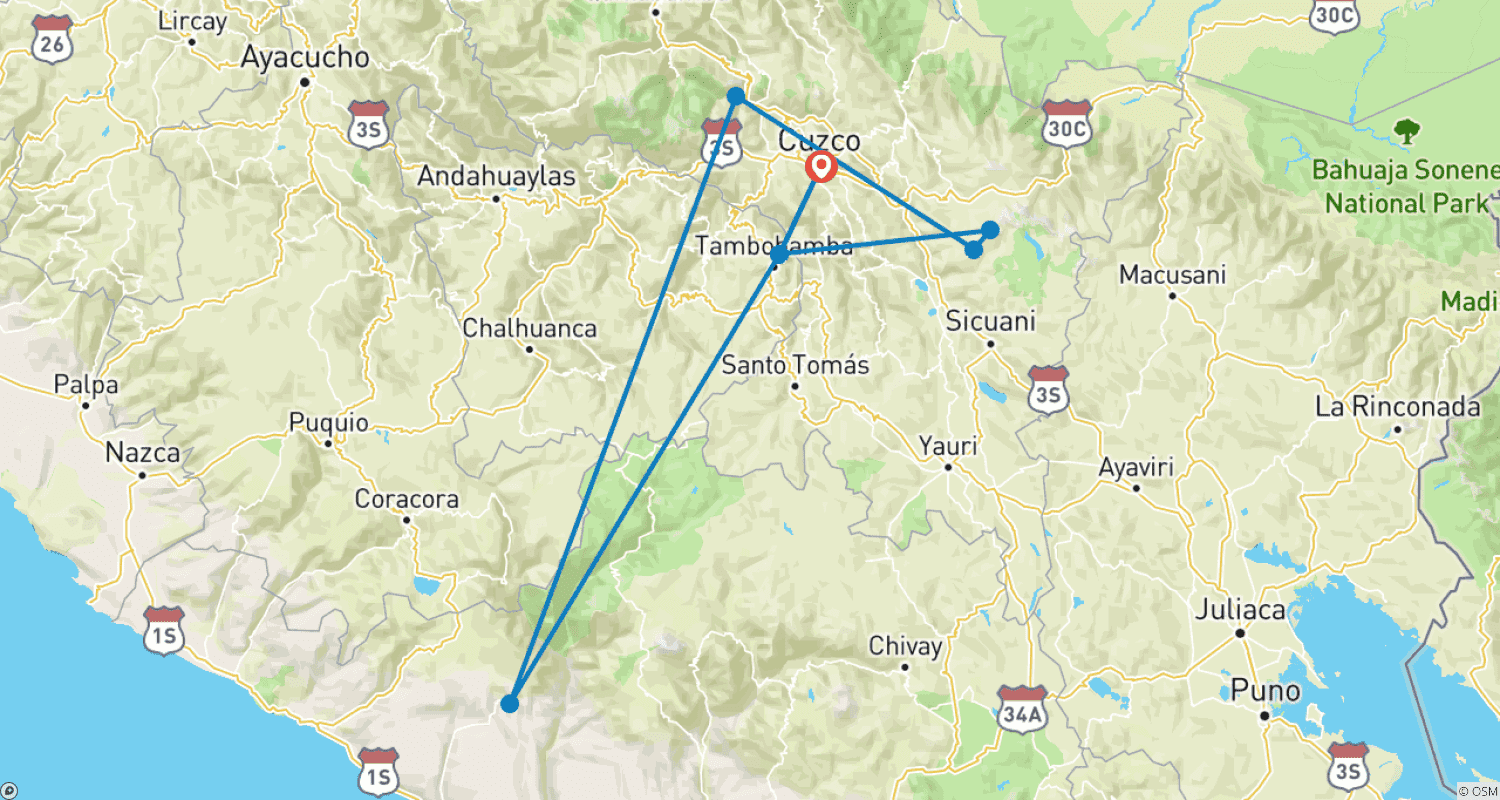 Mapa do percurso de Trilha de 6 Dias Montanha Arco-Íris + Ausangate