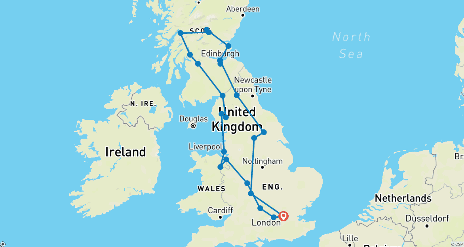 Mapa do percurso de Herança da Inglaterra e Escócia (2026, 11 Dias)