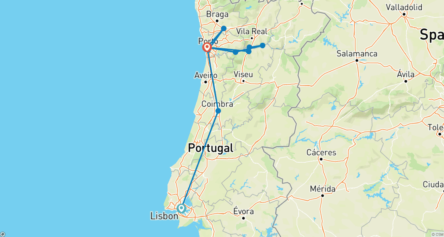 Mapa do percurso de Descubra Lisboa, Porto e o Vale do Douro (cruzeiro de porto a porto) (11 destinos)