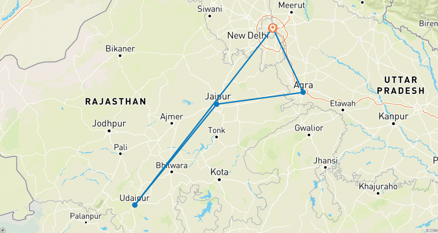 Mapa do percurso de Excursão Triângulo Dourado com Udaipur