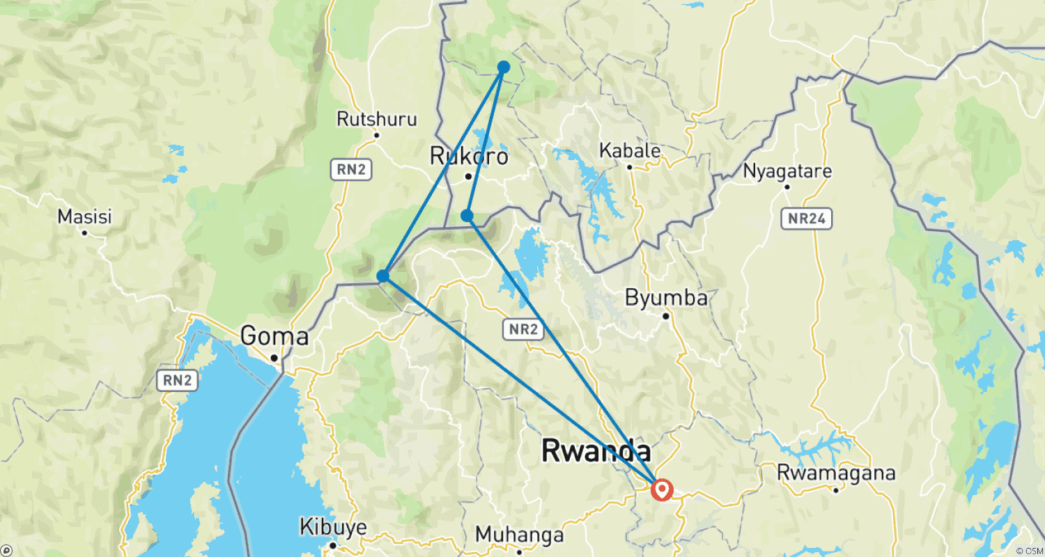Mapa do percurso de Experiência de Trekking com Gorilas de 4 Dias em Ruanda e Uganda