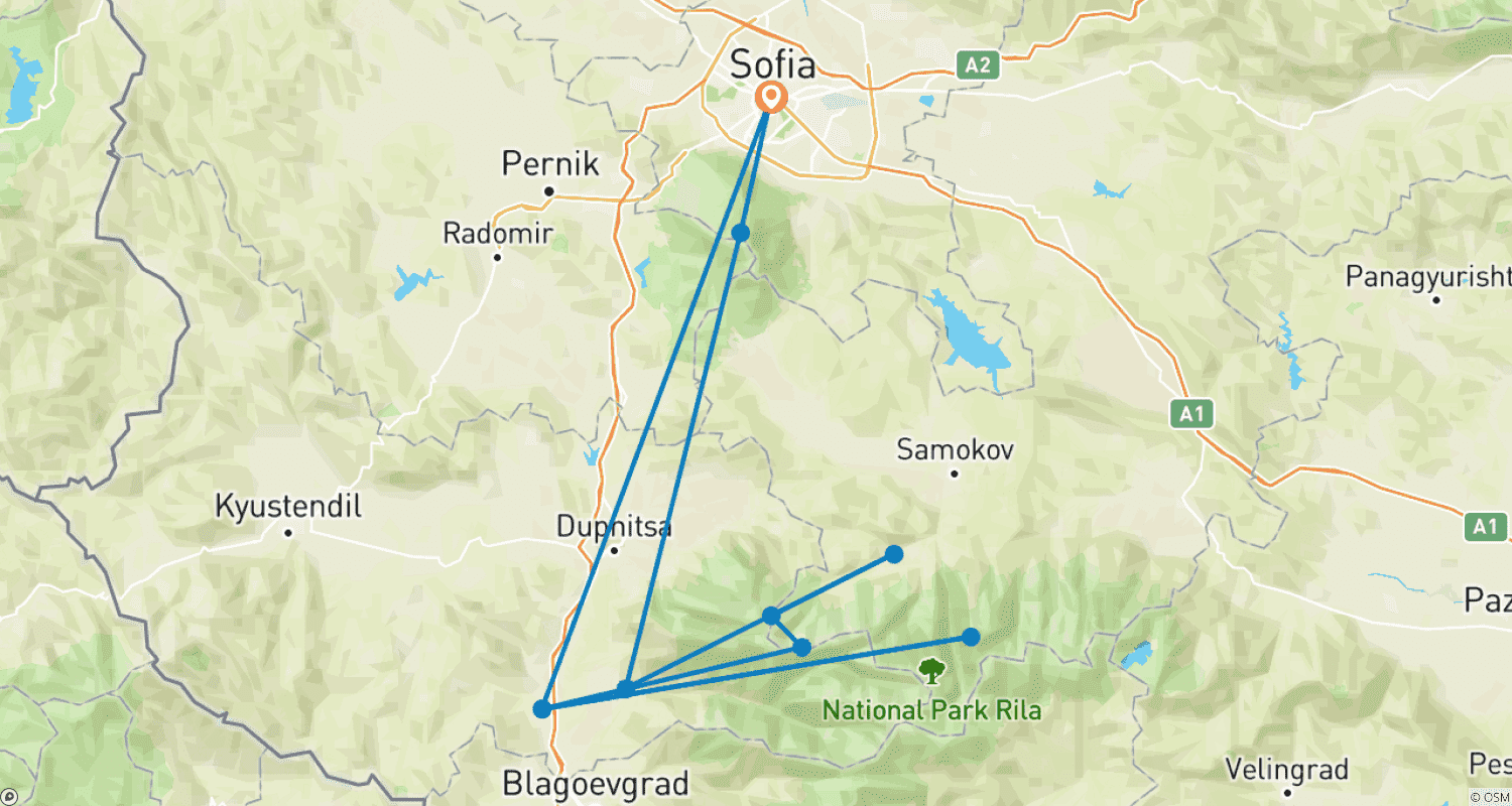 Mapa trasy: Zagadki Gór Riła (samodzielna wycieczka piesza; wszystkie transfery wliczone)